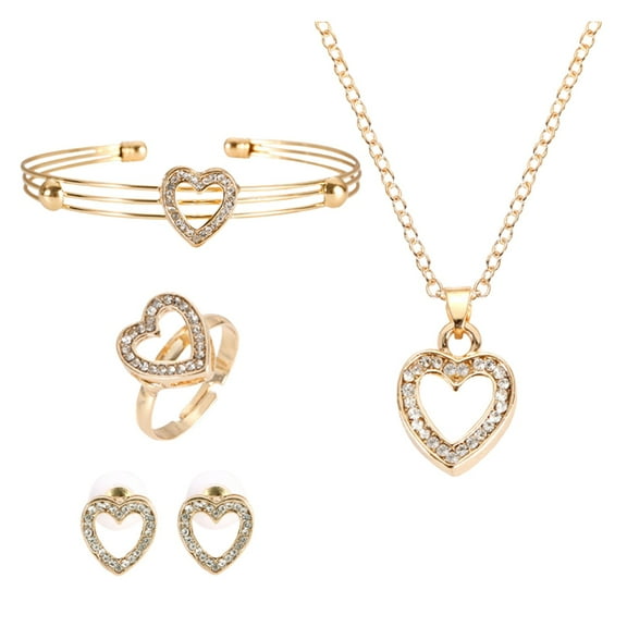 SUSHANG Heart Shaped Earrings Necklace Set Gold Hollow Out Diamond Heart Shape Pendant Necklace Earrings Bracelet Ring Sweet and Ladies Wedding Jewelry Set