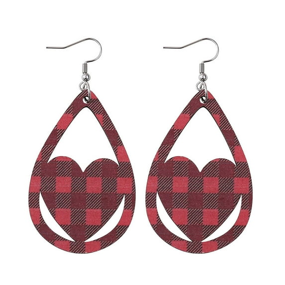 SUSHANG Holiday Earrings Plaid Stripe Love Drop Earrings Double Sided Wooden Earrings Valentine'S Day Gift Earrings