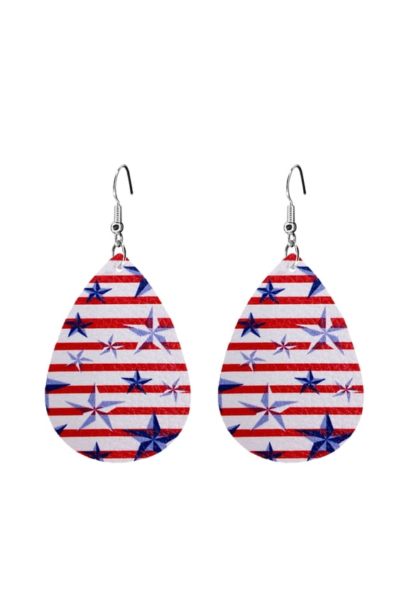 Independence Day Flag Earrings American Independence Day Flag Pattern Earrings Faux Leather Teardrop Shape Lightweight Colorblock Casual