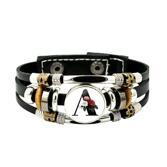 SUSHANG Punk Vintage Beaded Bracelet English Letter Flower Leather Bracelet for Men and Women Versatile Time Gem Weaving Beaded Handicraft Gift