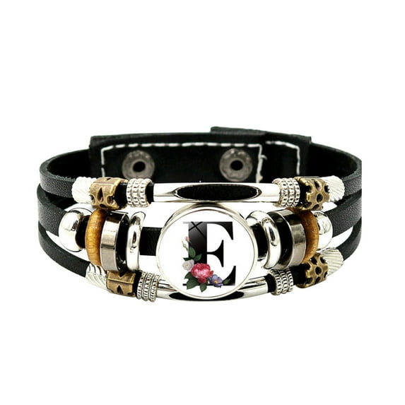 SUSHANG Punk Vintage Beaded Bracelet English Letter Flower Leather Bracelet for Men and Women Versatile Time Gem Weaving Beaded Handicraft Gift