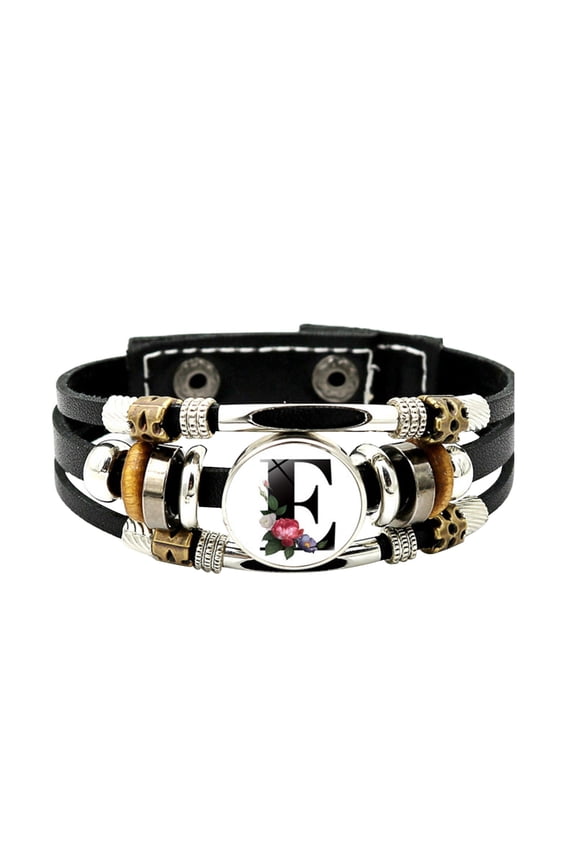 Punk Vintage Beaded Bracelet English Letter Flower Leather Bracelet for Men and Women Versatile Time Gem Weaving Beaded Handicraft Gift