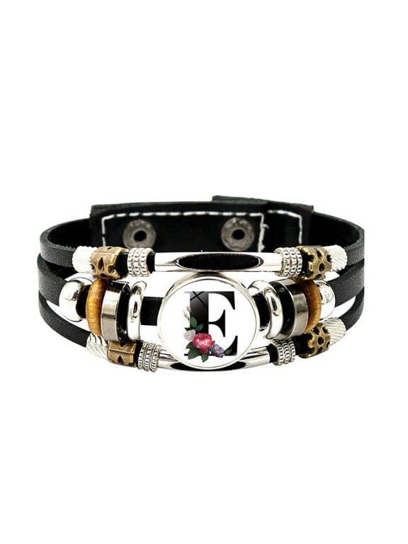 Punk Vintage Beaded Bracelet English Letter Flower Leather Bracelet for Men and Women Versatile Time Gem Weaving Beaded Handicraft Gift