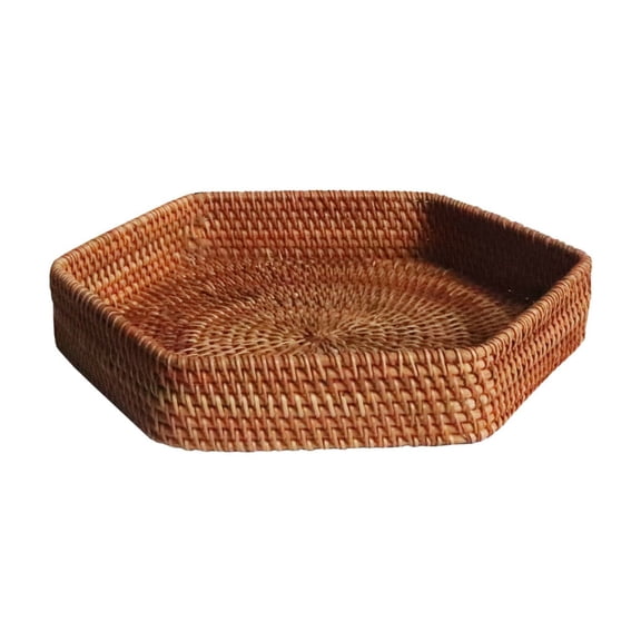 SUSHANG Rattan Hexagon Tray Woven Serving Tray for Coffee Table and Desktop Decor Vintage-Style Wicker Food Tray Ideal for Fruit Snacks Bread Sandwiches and Small Plates Picnic Basket for Table