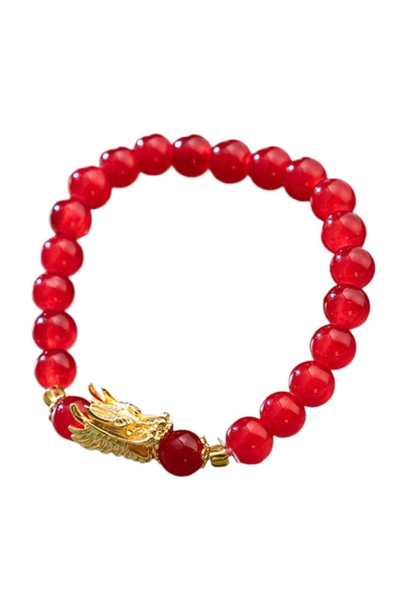 Red Bead Agate Bracelet Dragon Beaded Charm Bracelets Handmade Crystal Pi Yao Dragon Pendant Bracelet Chinese Zodiac Feng Shui Stretch Bracelets Gifts for Women Unisex Jewelry
