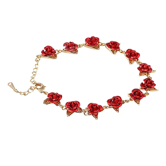SUSHANG Rose Bracelet Rose Color Bracelet Rose Link Gold Enamel Jewelry Chain with Red Bracelets