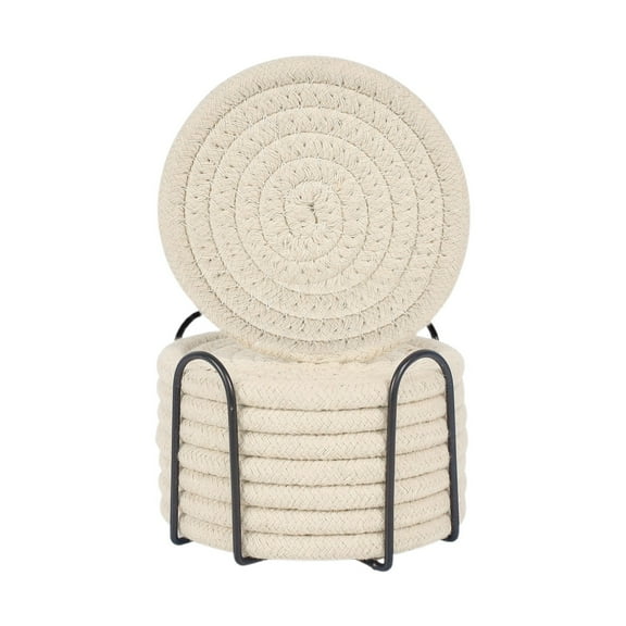 SUSHANG Round Woven Placemats Boho Rattan Placemats Natural Hand Cotton Rope Woven Meal Mat Circular Cotton Thread Woven Cup Mat Pot Mat Kitchen Table Thickened Insulation Mat