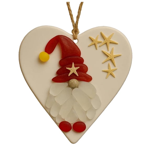 SUSHANG Seaglass Gnome Heart Shaped Hanging Ornament - Coastal Beach Themed Christmas Tree Decor for Home Holiday Display and Ocean Lover Gift Idea with Nautical Accents