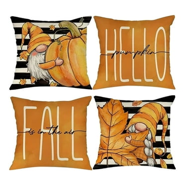 SUSHANG Set of 4 Decorative Fall Throw Pillow with Stripes Pumpkins Maple Leaves and Gnomes Perfect for Outdoor Fall Decor Farmhouse Thanksgiving Decorations and Comfortable Wrinkle Machine Washabl