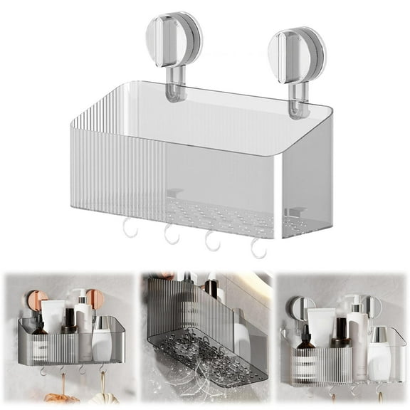 SUSHANG Shower Clear Caddy Organizer with Strong Vacuum Suction Cups - No Drill Removable Bathroom Shelf Storage Basket with Sturdy Hook for Shampoo Toiletries, Kitchen Bedroom Use