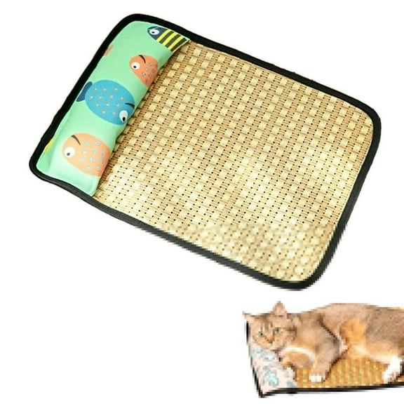 SUSHANG Summer Cooling Pet Mat with Pillow – Natural Weaving Breathable Dog & Cat Bed for Small/Medium Pets – Non-slip Indoor/Outdoor Pad to Keep Cool in Hot Weather – Machine Washable