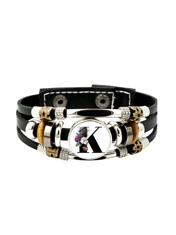Vintage Beaded Bracelet English Letter Flower Leather Bracelet for Men and Women Versatile Time Gem Weaving Beaded Handicraft Gift