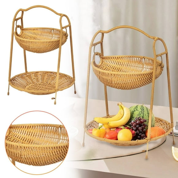 SUSHANG Wicker Baskets, Fruit Basket for Kitchen,2 Tier Fruit Basket for Counter,Fruit Bowl for Kitchen Counter, Wooden Fruit Holder,Organizer for Vegetable storage,Bread,Snack
