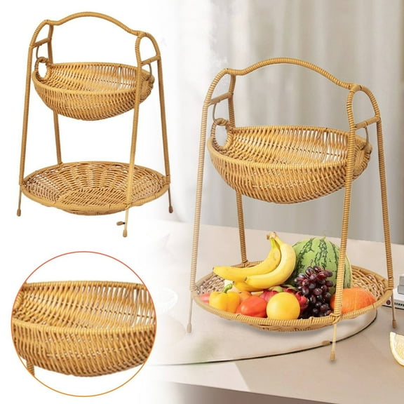 SUSHANG Wicker Baskets, Fruit Basket for Kitchen,2 Tier Fruit Basket for Counter,Fruit Bowl for Kitchen Counter, Wooden Fruit Holder,Organizer for Vegetable storage,Bread,Snack