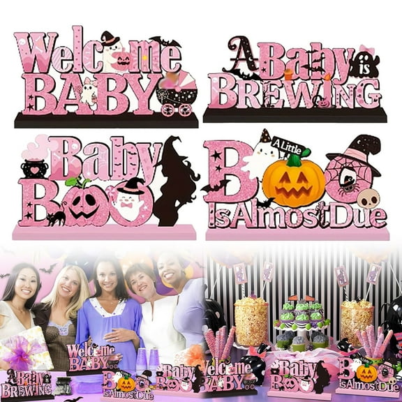 SUSHANG Wooden Halloween Letter Ornaments Set - 4 Pumpkin-Themed pink Desktop Decor with Stands, Fall & Thanksgiving Tabletop Displays for Home & Office