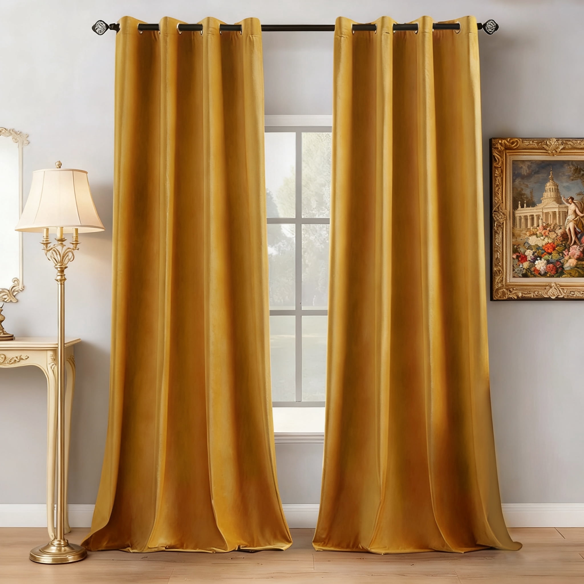 SUSIELADY Blackout Velvet Curtains, Thermal Insulated, Noise-Reducing, Soundproof, Light-Blocking, Room Darkening Drapes, 2 Panels, Grommet for Living Room & Bedroom, 52 x 84 in, Mustard Yellow