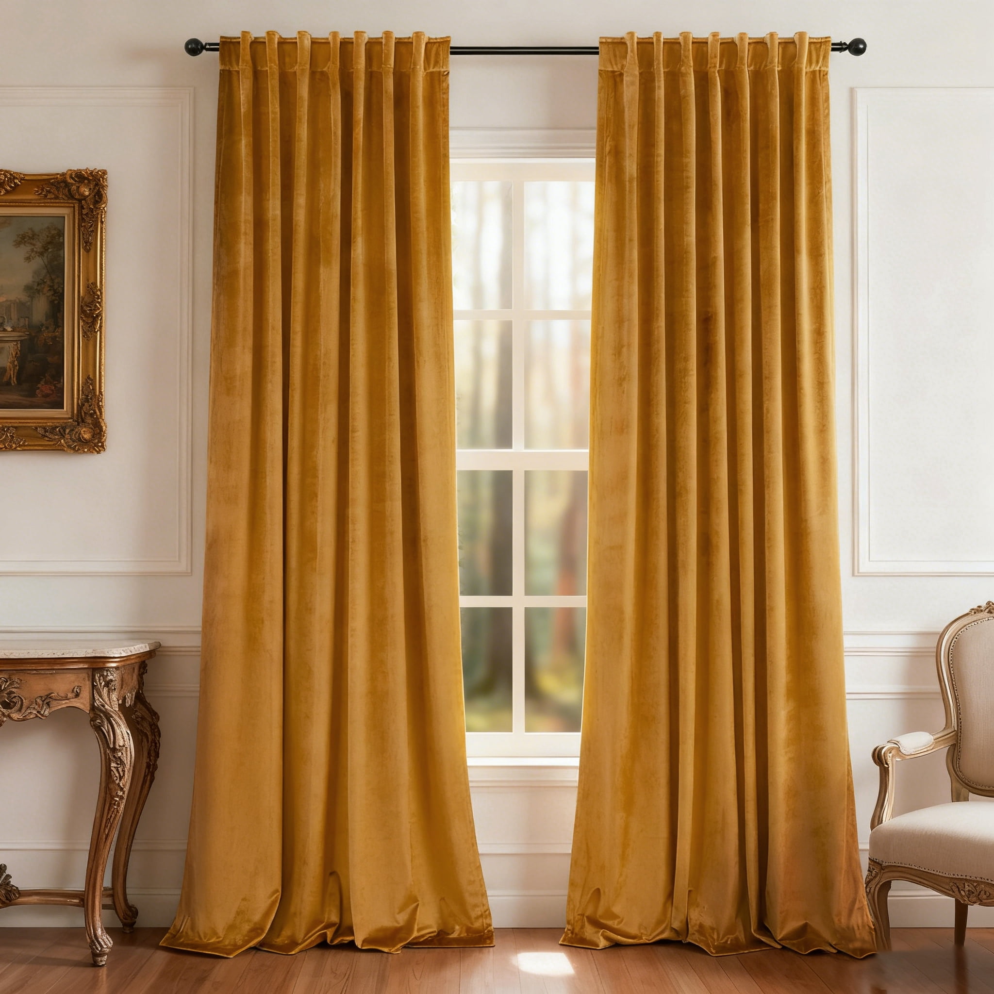 SUSIELADY Velvet Blackout Curtains 90 Inches, 2 Panels, Thermal Insulated Luxury Soft Window Drapes for Bedroom & Living Room, Rod Pocket and Back Tab, 52W x 90L Inches, Mustard Yellow