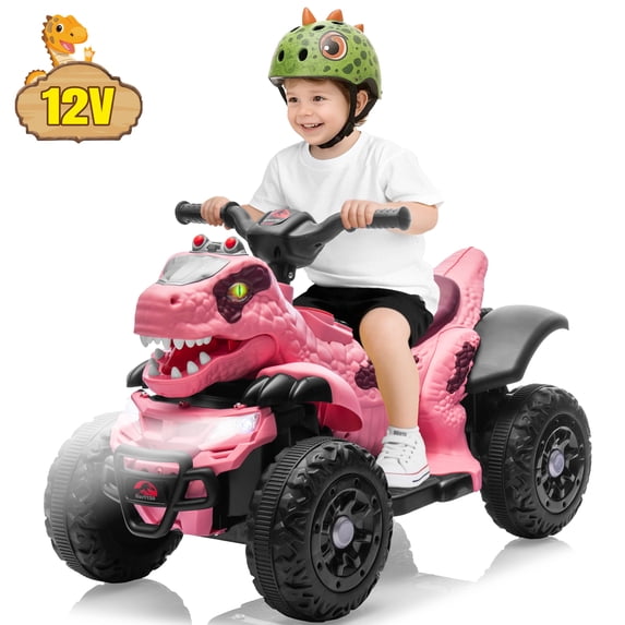 SUSIELADY 12V Kids Dinosaur Ride on ATV, Quad 4 Wheeler Dinosaur Design, Electric Ride on Toy, Music Early Education Function, Power Display, Safe Driving, Outdoor Toy for Boys Girls Aged 2-6, Pink