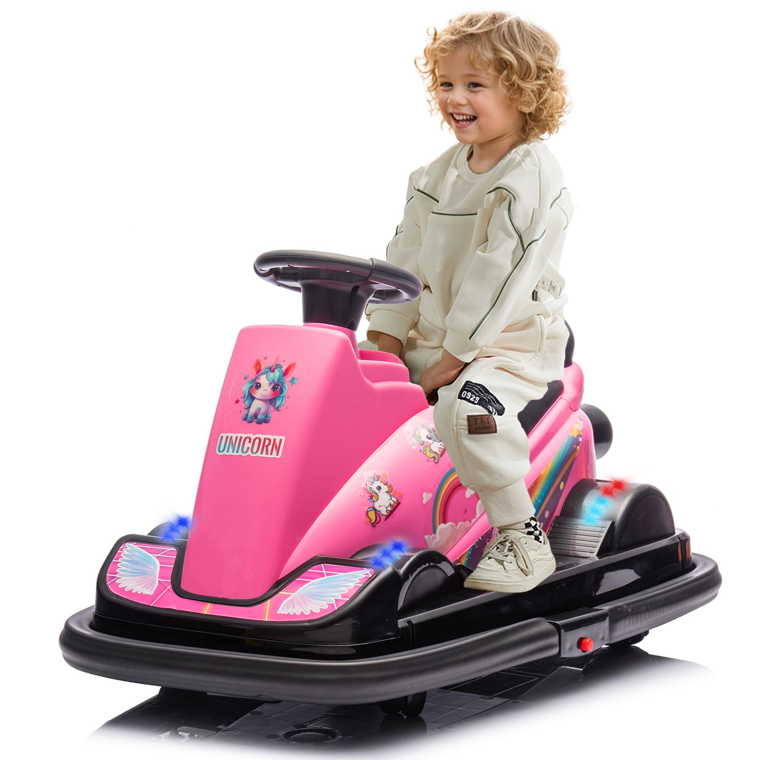 SUSIELADY 12V Kids Ride on Car, Ride on Bumper Car, 360 Degree Rotation, Collision Triggers Sound, 4-Wheel Waterfall Light, Sticker, Music, for Kids Aged 3-5, Pink