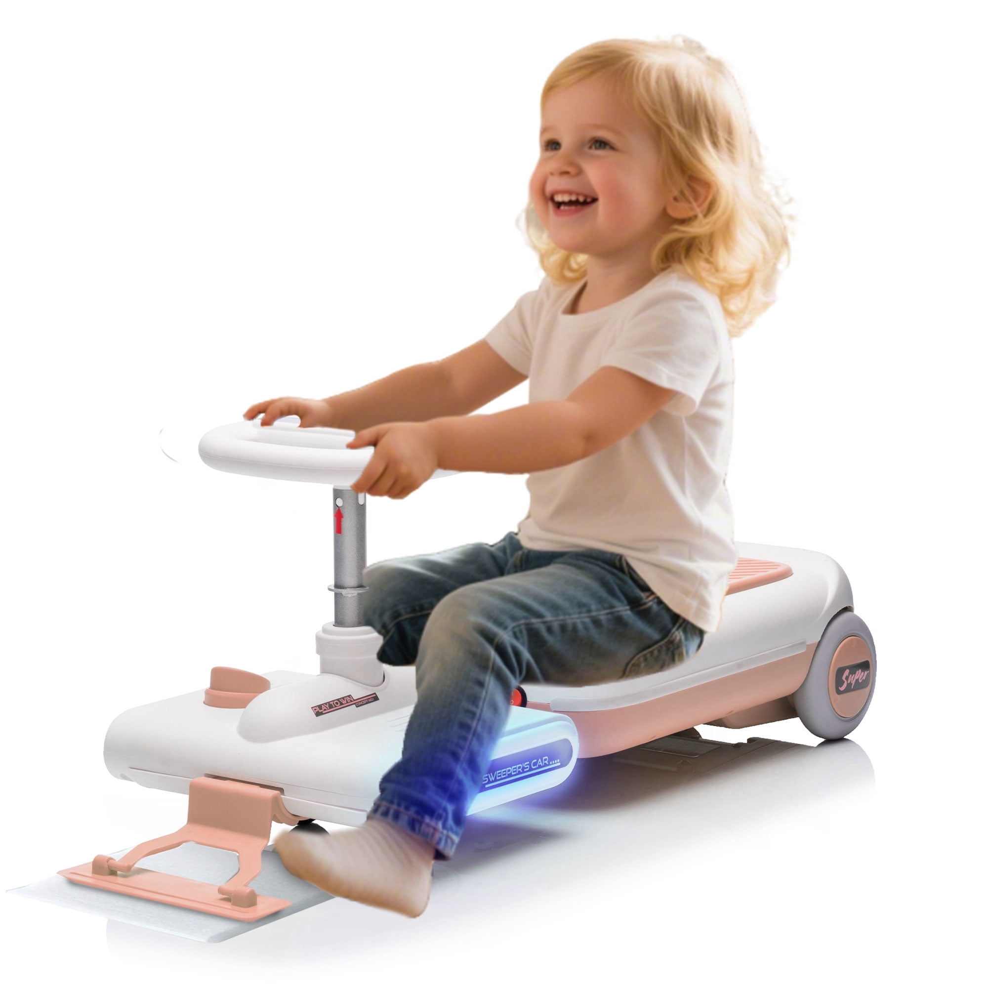 SUSIELADY 12V Ride On Go Kart for Kids with Mop Front, Extendable Body, Lights & Music, Electric Vehicle Toy Car for Toddlers, Indoor Outdoor Cleaning Ride On for Boys Girls Ages 3–6, Pink