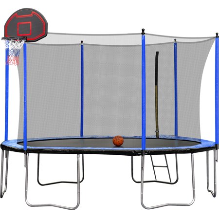 SUSIELADY 15FT Waterproof and UV-Resistant Trampoline with Basketball Hoop Set, Inflator, Ladder, Inner Safety Enclosure, Heavy Duty Steel Frame, Outdoor Trampoline for Kids and Adults, Blue
