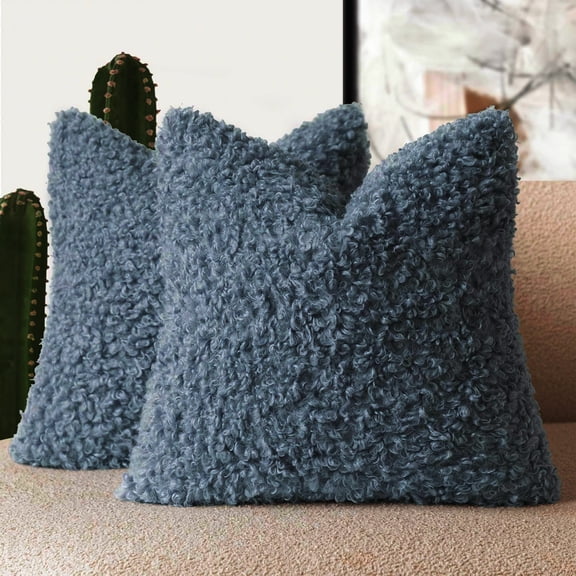 SUSIELADY 2-Pack 20x12 Inch Faux Fur Pillow Covers, Plush Fuzzy Sherpa Decorative Cushion Covers for Couch Bed Living Room, Denim Blue