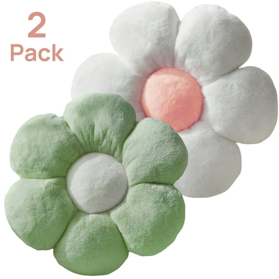 SUSIELADY 2-Pack Flower Pillows, Cute Decorative Plush Throw Pillows with Faux Rabbit Fur, Soft Aesthetic Floor Pillows for Bedroom, Living Room & Kids Room Decor, Small Green and Medium White