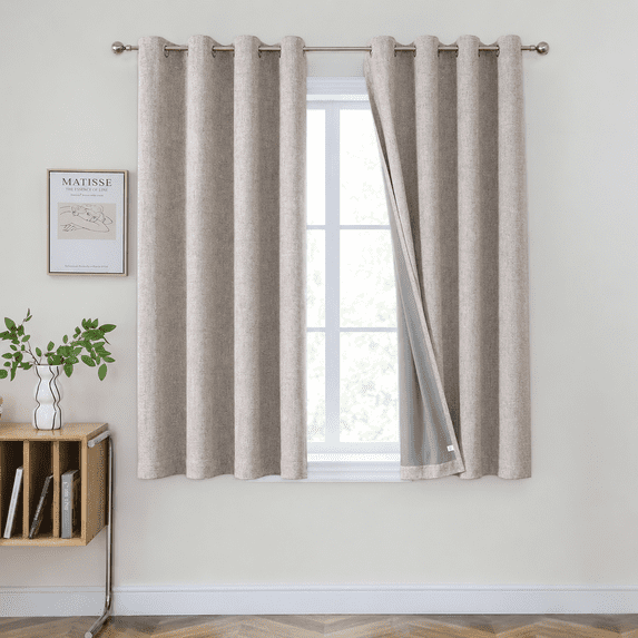 SUSIELADY Blackout Curtains 2 Panels Set 52x63 Inch Linen Textured 100% Blackout Drapes Room Darkening Thermal Insulated Grommet Curtains for Bedroom Living Room Office, Natural
