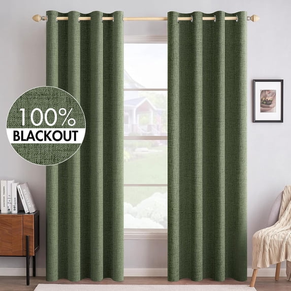 SUSIELADY Blackout Curtains 2 Panels Set 52x84 Inch Linen Textured 100% Blackout Drapes Room Darkening Thermal Insulated Grommet Curtains for Bedroom Living Room Office, Olive Green