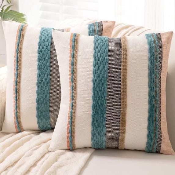 SUSIELADY Boho Throw Pillow Covers 18x18 Set of 2 Farmhouse Decorative Cushion Cases Chenille Striped Neutral Square Accent Pillowcases for Sofa Couch Bed, Blue