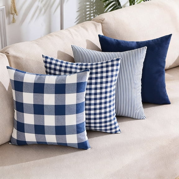 SUSIELADY Brown Buffalo Plaid Pillow Covers Set of 4, Farmhouse Throw Pillow Covers Decorative Cushion Covers for Couch Sofa Bedroom Living Room, 18x18 Inch, Navy Blue