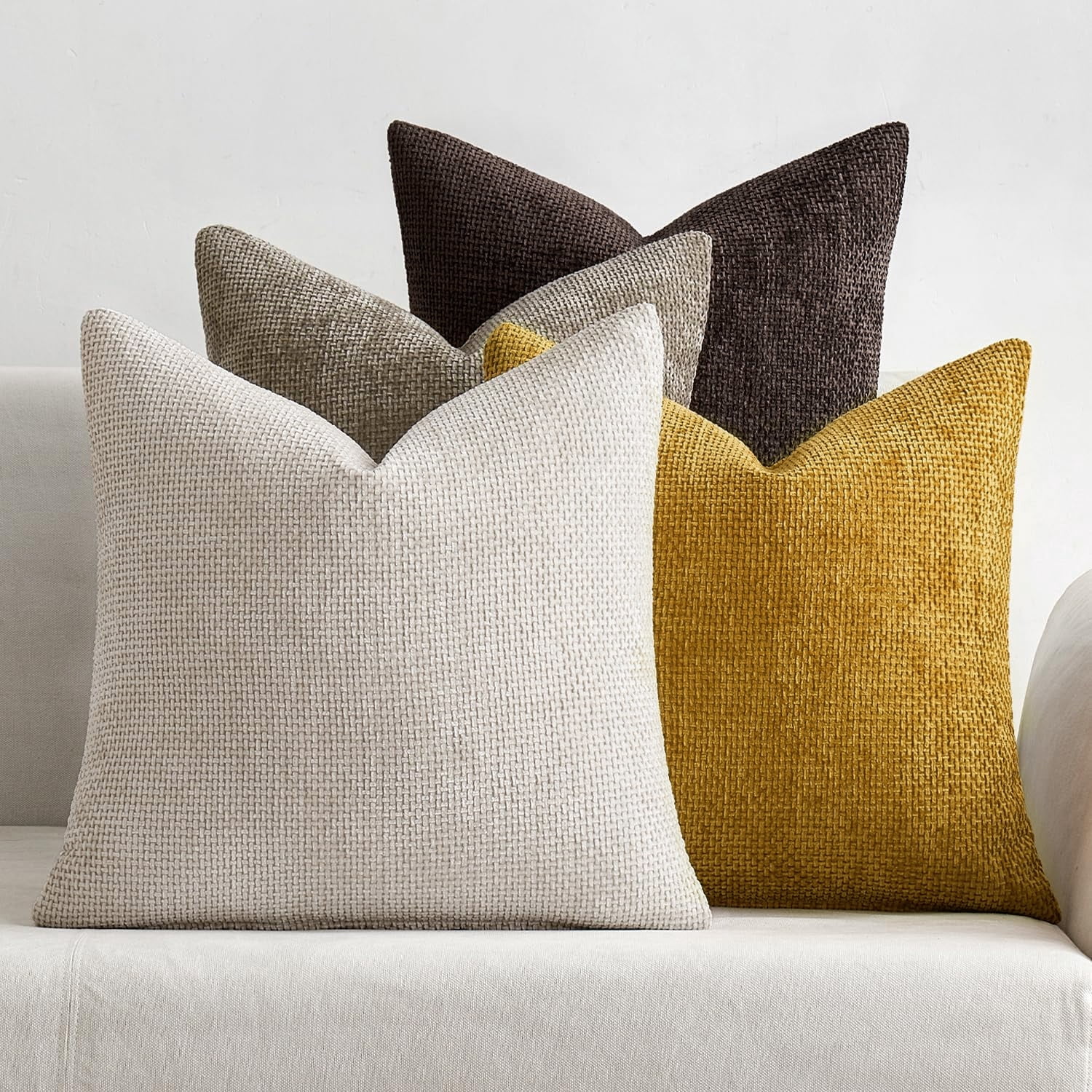 SUSIELADY Set of 4 Decorative Throw Pillow Covers 20x20 Inch, Soft Chenille Cushion Covers for Couch Sofa Bed, Boho Farmhouse Style for Living Room & Bedroom Decor, Brown/Neutral Gold