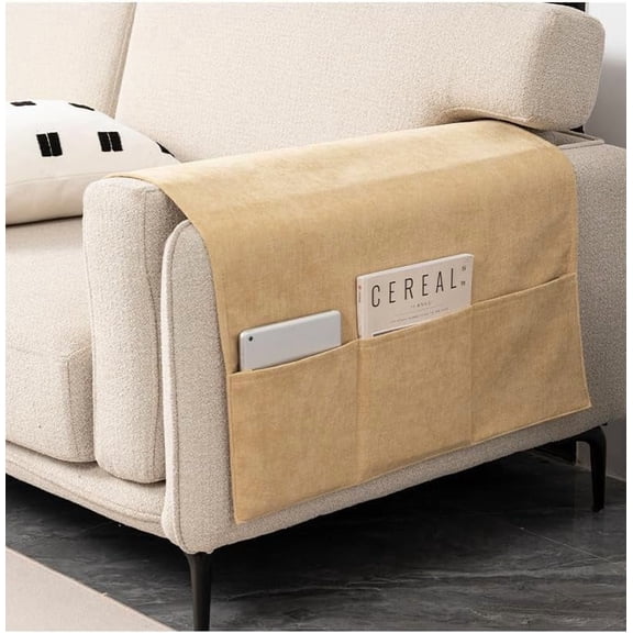 SUSIELADY Chenille Sofa Armrest Covers with Storage Pockets, Non Slip Couch Arm Covers Organizer for Remote Control and Phone, Furniture Protector Armchair Covers, 24" x 43", Yellow