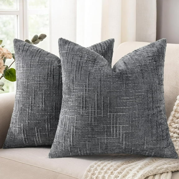 SUSIELADY Chenille Throw Pillow Covers 18x18 Set of 2, Thick Textured Slubby Couch Pillow Covers, Farmhouse Modern Neutral Decorative Pillow Cases for Sofa, Bed, or Living Room, Dark Grey