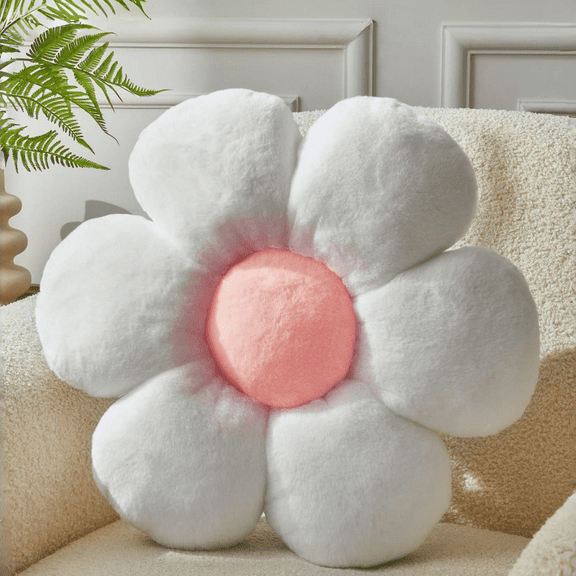 SUSIELADY Flower Pillow, Cute Decorative Plush Throw Pillow with Faux Rabbit Fur, Soft Aesthetic Floor Pillow for Bedroom, Living Room & Kids Room Décor, 1-Pack, Large White