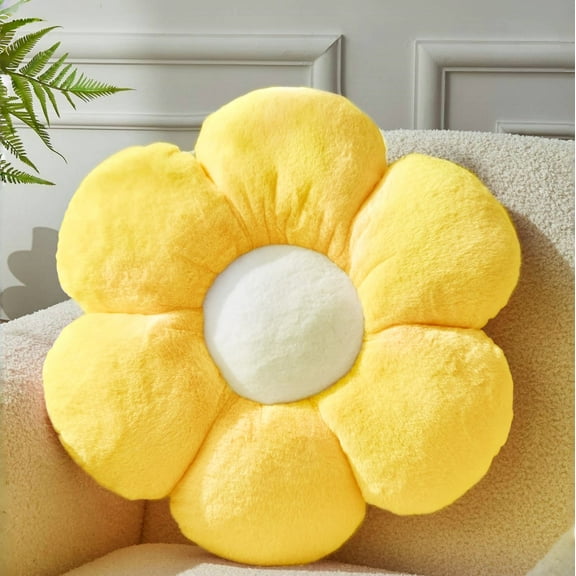 SUSIELADY Flower Pillow, Cute Decorative Plush Throw Pillow with Faux Rabbit Fur, Soft Aesthetic Floor Pillow for Bedroom, Living Room & Kids Room Décor, 1-Pack, Large Yellow