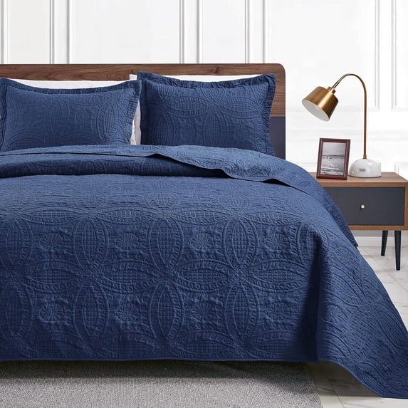 SUSIELADY Lightweight Microfiber Quilt Set, Soft Bedspread with Coin Pattern, All-Season Coverlet Bedding, 3 Pieces (1 Quilt, 2 Pillow Shams), King Size, Navy