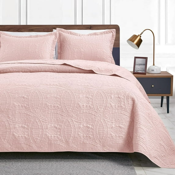 SUSIELADY Lightweight Microfiber Quilt Set, Soft Bedspread with Coin Pattern, All-Season Coverlet Bedding, 3 Pieces (1 Quilt, 2 Pillow Shams), Queen Size, Pink