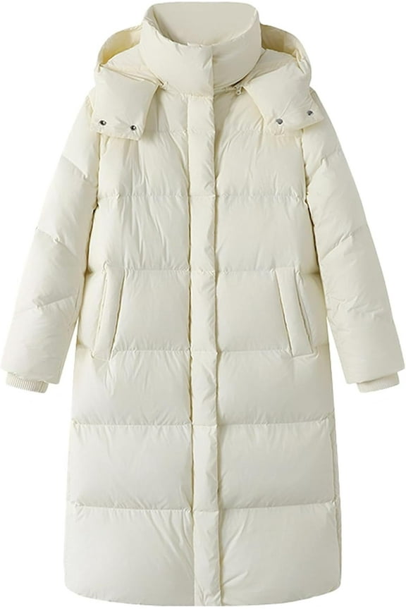 Long Down Puffer Winter Coat with Hood, Down Jackets, Full Length, White