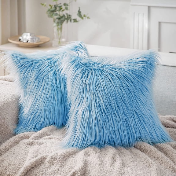SUSIELADY Pack of 2 Faux Fur Throw Pillow Covers 18x18 Inch, Luxury Soft Fuzzy Cushion Covers for Couch, Sofa, Bed, Living Room, Decorative Pillowcases, Light Blue