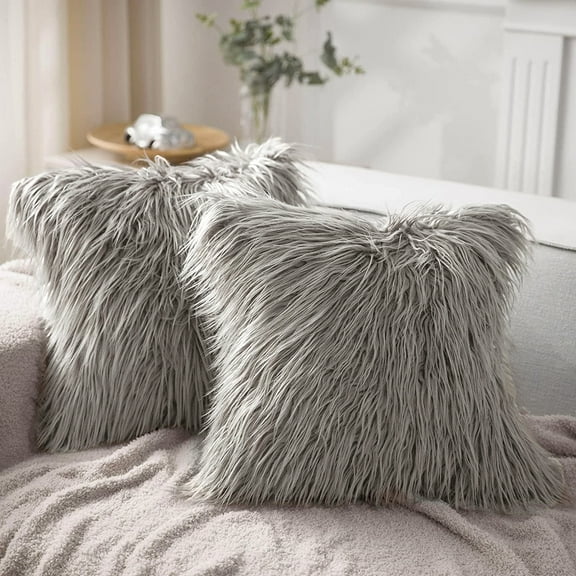 SUSIELADY Pack of 2 Faux Fur Throw Pillow Covers 18x18 Inch, Luxury Soft Fuzzy Cushion Covers for Couch, Sofa, Bed, Living Room, Decorative Pillowcases, Light Gray