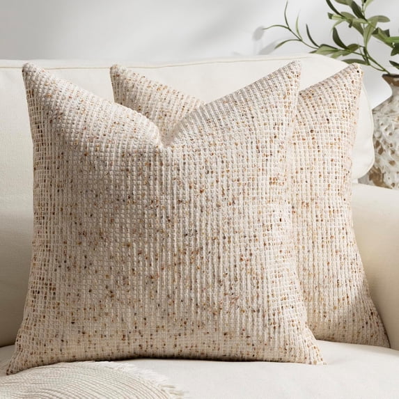 SUSIELADY Pack of 2 Throw Pillow Covers 18x18, Boho Textured Chenille Decorative Pillow Covers with Dots and Stripes, Square Cushion Covers for Couch, Sofa, Bed, Farmhouse Home Decor, Beige