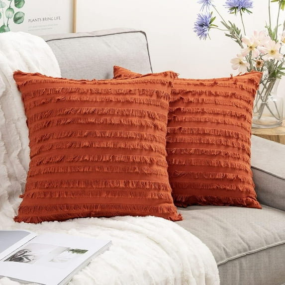 SUSIELADY Set of 2 Decorative Boho Throw Pillow Covers, 18x18 Inch, Linen Striped Jacquard Pattern Cushion Covers with Zipper for Sofa, Couch, Bed, Living Room, Farmhouse Coastal Accent, Burnt Orange