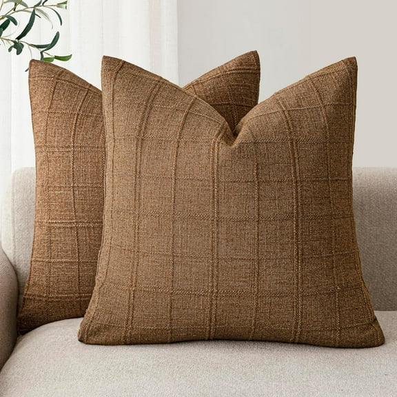 SUSIELADY Set of 2 Decorative Linen Check Throw Pillow Covers, 18×18 Inch Farmhouse Vintage Boho Decorative Cushion Covers for Sofa Couch Bed Chair Living Room Bedroom Home Decor, Brown Sugar