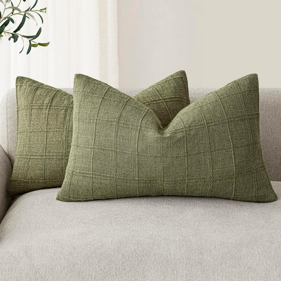SUSIELADY Set of 2 Decorative Linen Check Throw Pillow Covers, 20×12 Inch, Neutral Farmhouse Vintage Boho Cushion Covers for Sofa, Chair, Bedroom, Living Room, Green