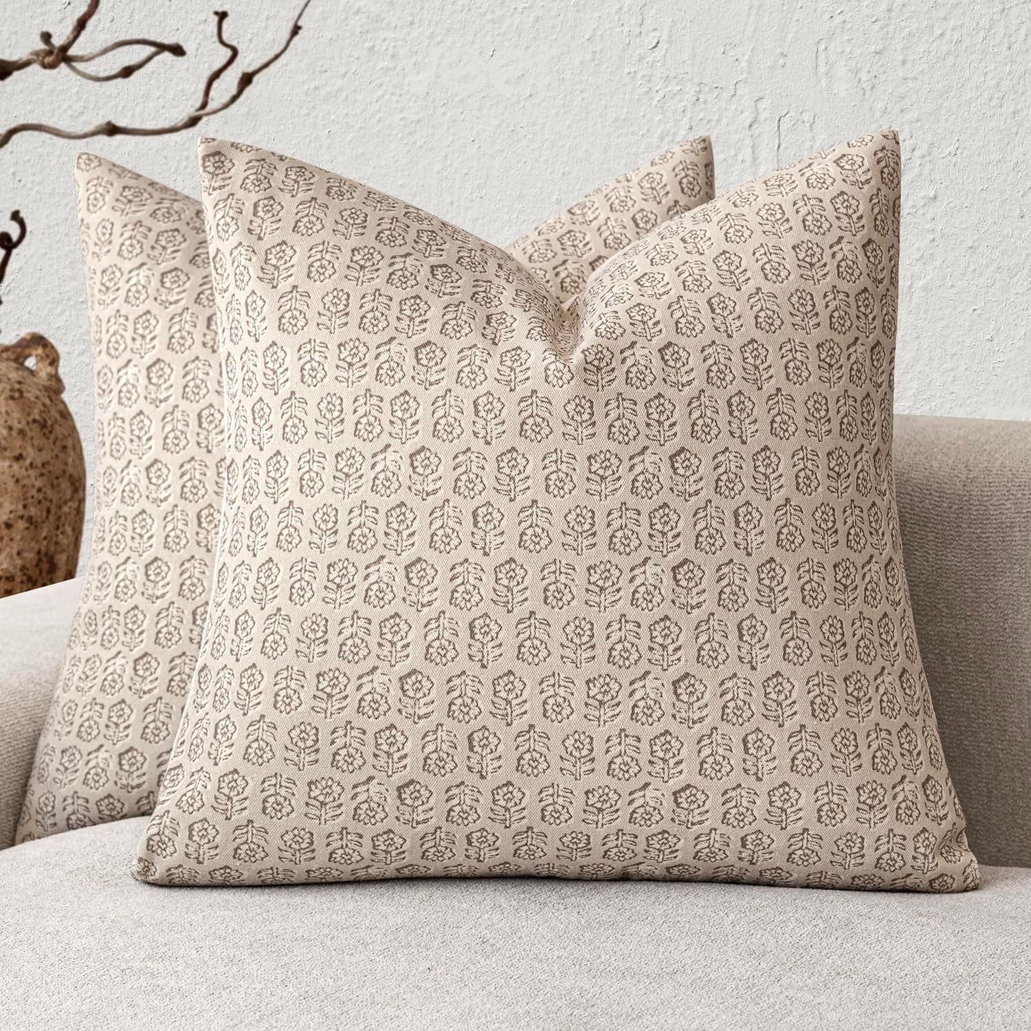 SUSIELADY Set of 2 Decorative Vintage Floral Print Throw Pillow Covers Neutral Modern Farmhouse Cushion Covers Boho Home Decor for Sofa Couch Bedroom Living Room Outdoor,20×20 Inch, Biscotti Beige