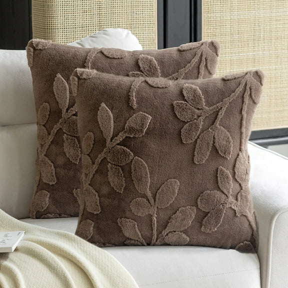 SUSIELADY Throw Pillow Covers 18x18 Inch Set of 2 – Leaf Pattern Plush Decorative Pillowcases for Couch Bed Sofa Farmhouse Spring Summer Decor, Brown