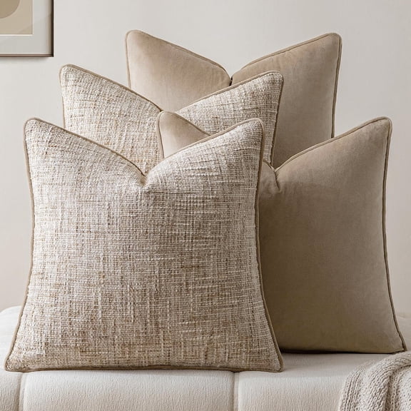 SUSIELADY Throw Pillow Covers 18x18 Set of 4, Chenille Velvet Pillow Covers Decorative Cushion Cases with Piping, Soft Cozy Farmhouse Boho Throw Pillow Covers for Couch Sofa Bed, Khaki