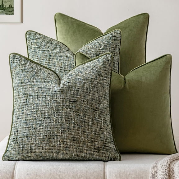 SUSIELADY Throw Pillow Covers 18x18 Set of 4, Chenille Velvet Pillow Covers Decorative Cushion Cases with Piping, Soft Cozy Farmhouse Boho Throw Pillow Covers for Couch Sofa Bed, Olive Green