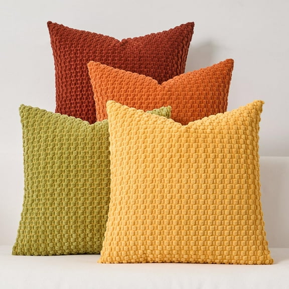 SUSIELADY Throw Pillow Covers 18x18 Set of 4, Super Soft Boho Corduroy Decorative Cushion Cases, Solid Color Plush Texture Pillow Covers for Sofa Couch Chair, Green Orange